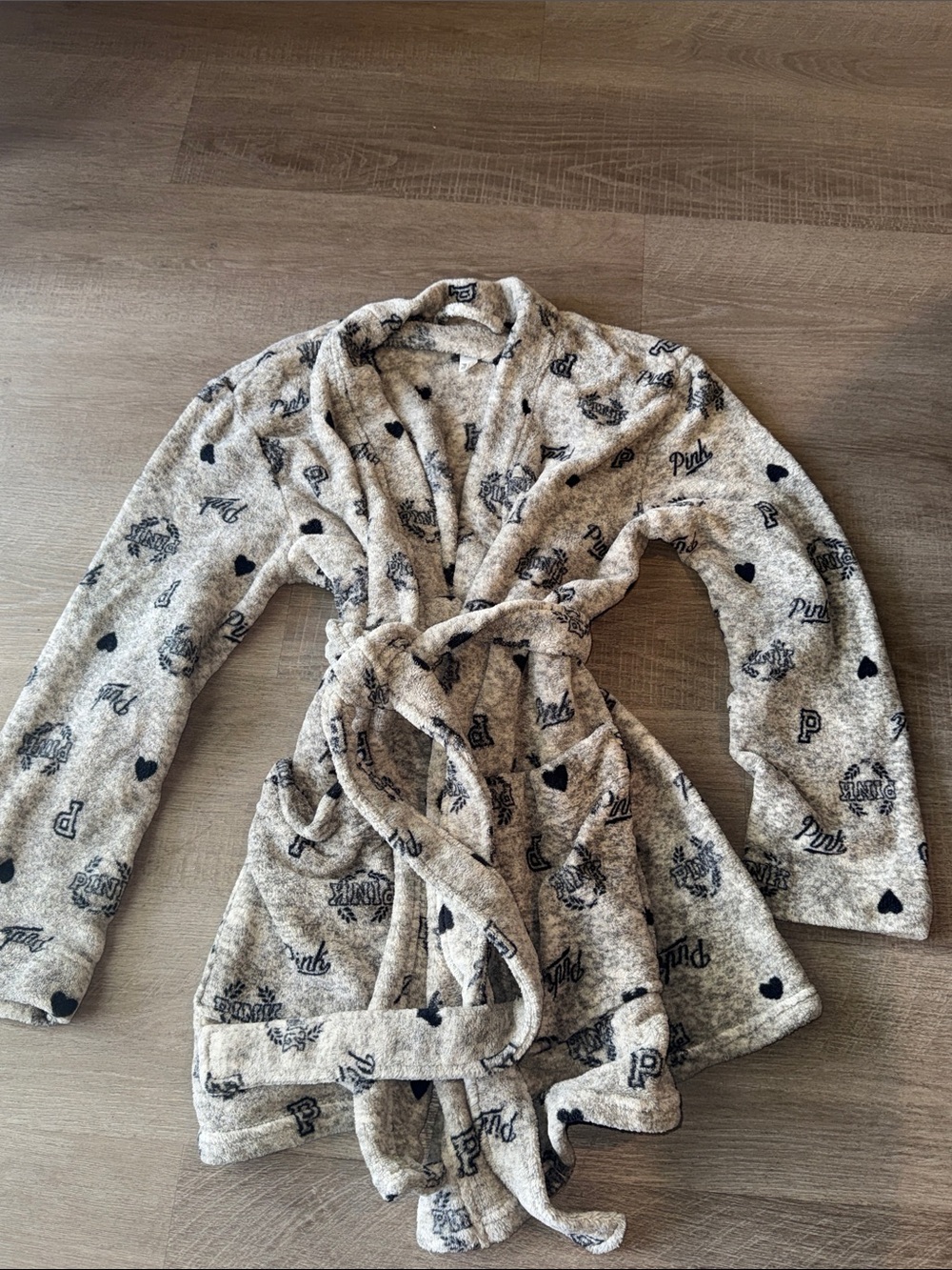 PINK Victoria's Secret Light Gray Plush Logo & Heart Belted Cardigan